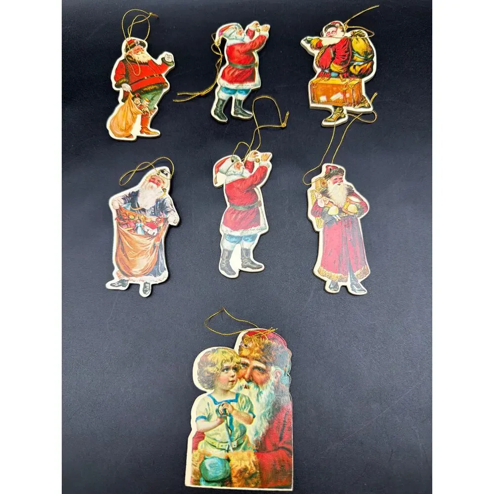 Vintage 1977 Merrimack Victorian Santa Christmas Ornaments Die Cut Set of 7
